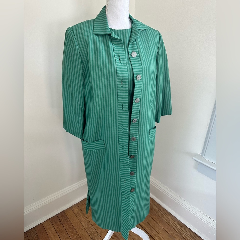 Vintage Suzy Perette Green Striped Dress and Overcoat Set size Small
